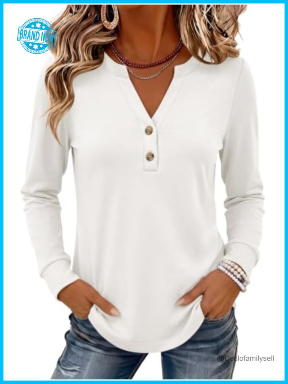 Womens Long Sleeve Henley V Neck Top Wrinkle Free Button Detail